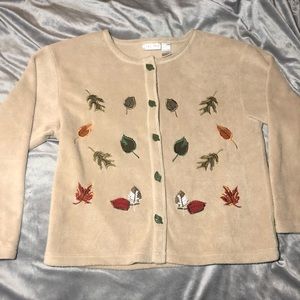 Nick & Sarah XL Tan Fleece Cardigan Embroidered Leaves Fall Motif Vintage Cute